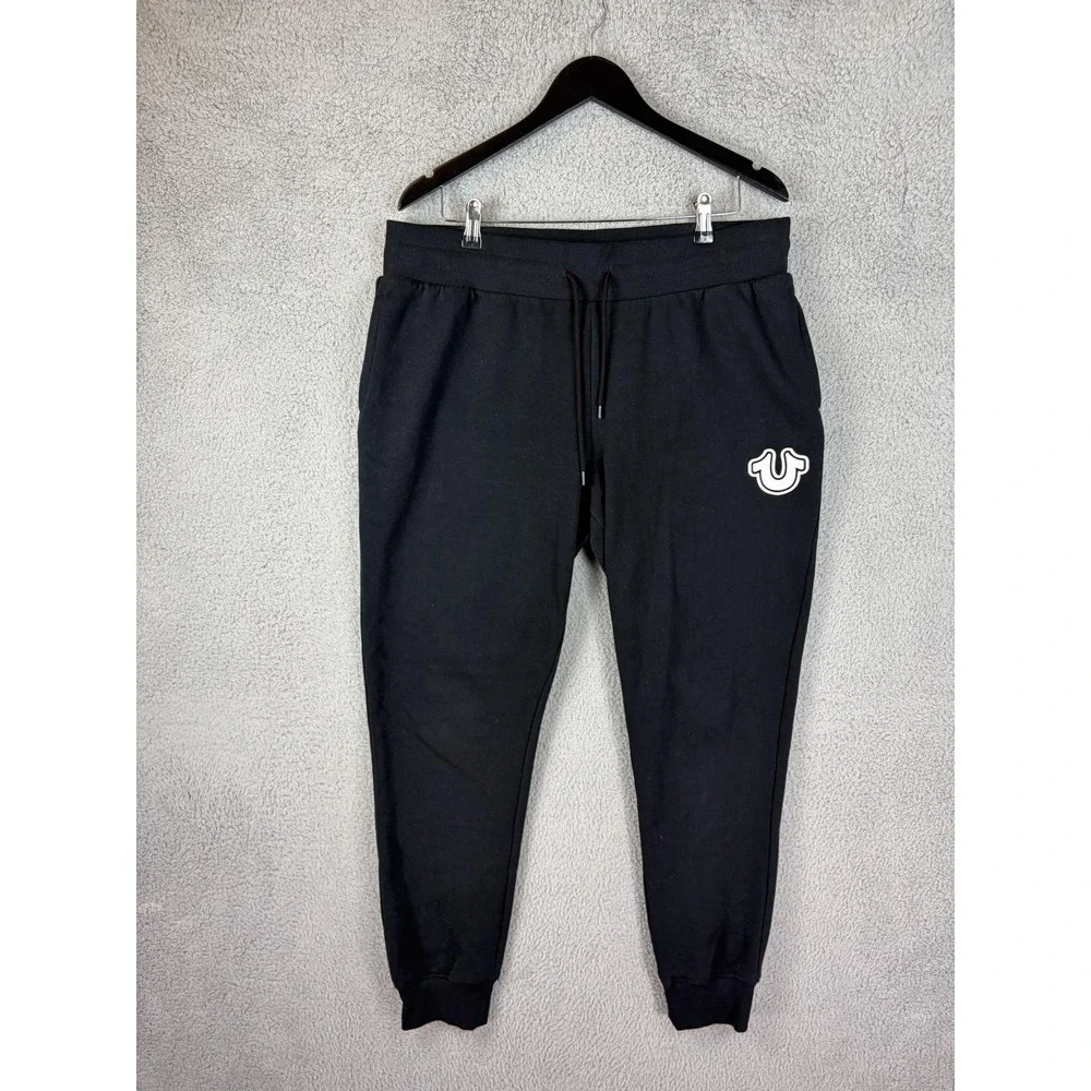 True Religion Sweatpants Mens 2XL Black Fleece Drawstring Logo Joggers Mens